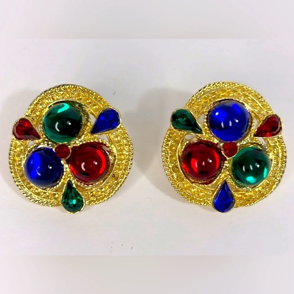 Earrings ~ Gold w/ Colorful Round Cabochons & Teardrop Crystals Clip-on Vintage